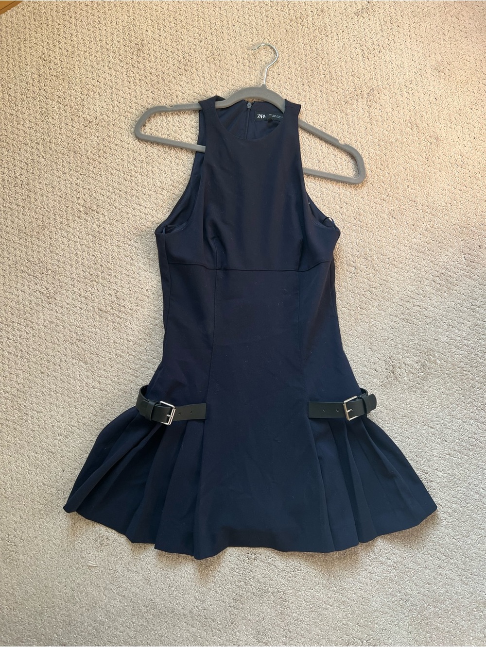 Zara Navy Sleeveless Fit-and-Flare Dress with Buckle Accents Like New!